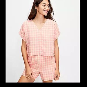 Lou & Grey Linen Gingham V-neck Top NWT
